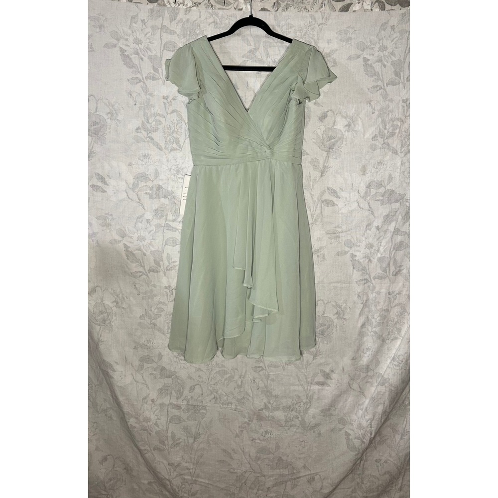 Elegant Sage Green Chiffon Overlay Dress with Ruched Bodice and Lace Up Back